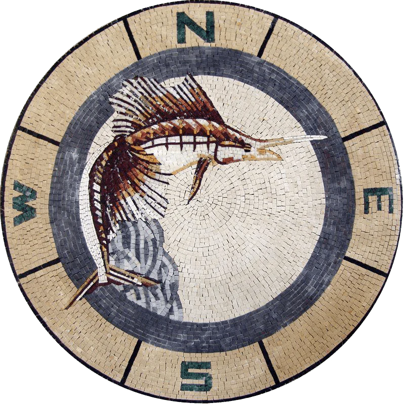 Sailfish Compass Rose - Marble Mosaic Art Ideas Medallion Pool Bath Wall Floor Tabletop - Mesh Backing