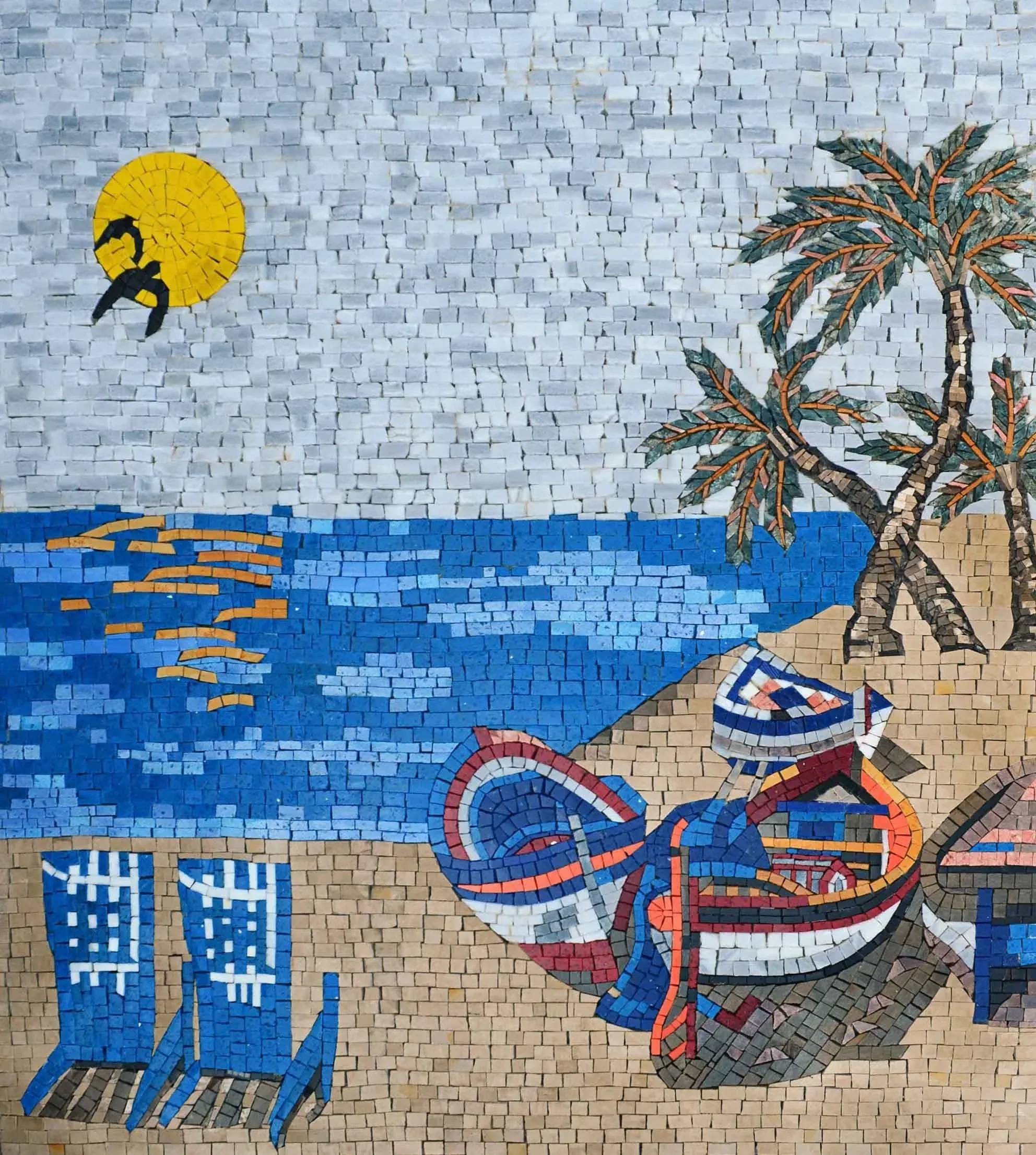 Beach Scene Boat - Marble Mosaic Tiles - Mesh Backing