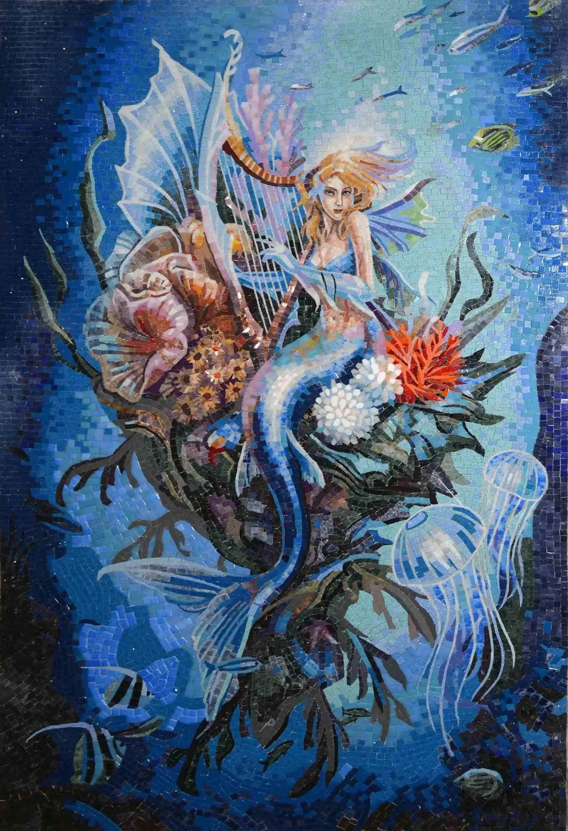 Lullaby Mermaid Art Design - Mosaic Fireplace Luxury Handcrafted Natural Stone - Mesh Backing