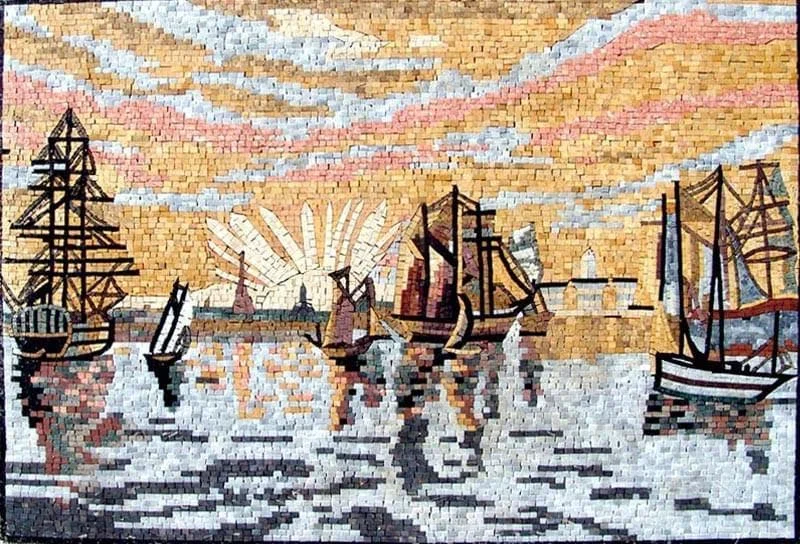 Msb Sailing Ships - Marble Mosaic Natural Scene - Mesh Backing