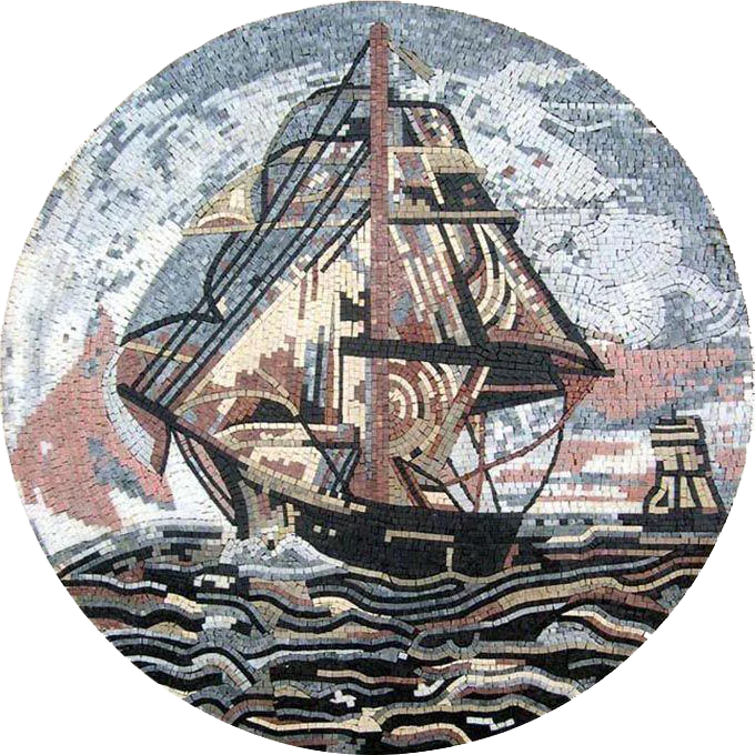 Sailing Ship Motif - Mosaic Wall Murals Medallion - Mesh Backing