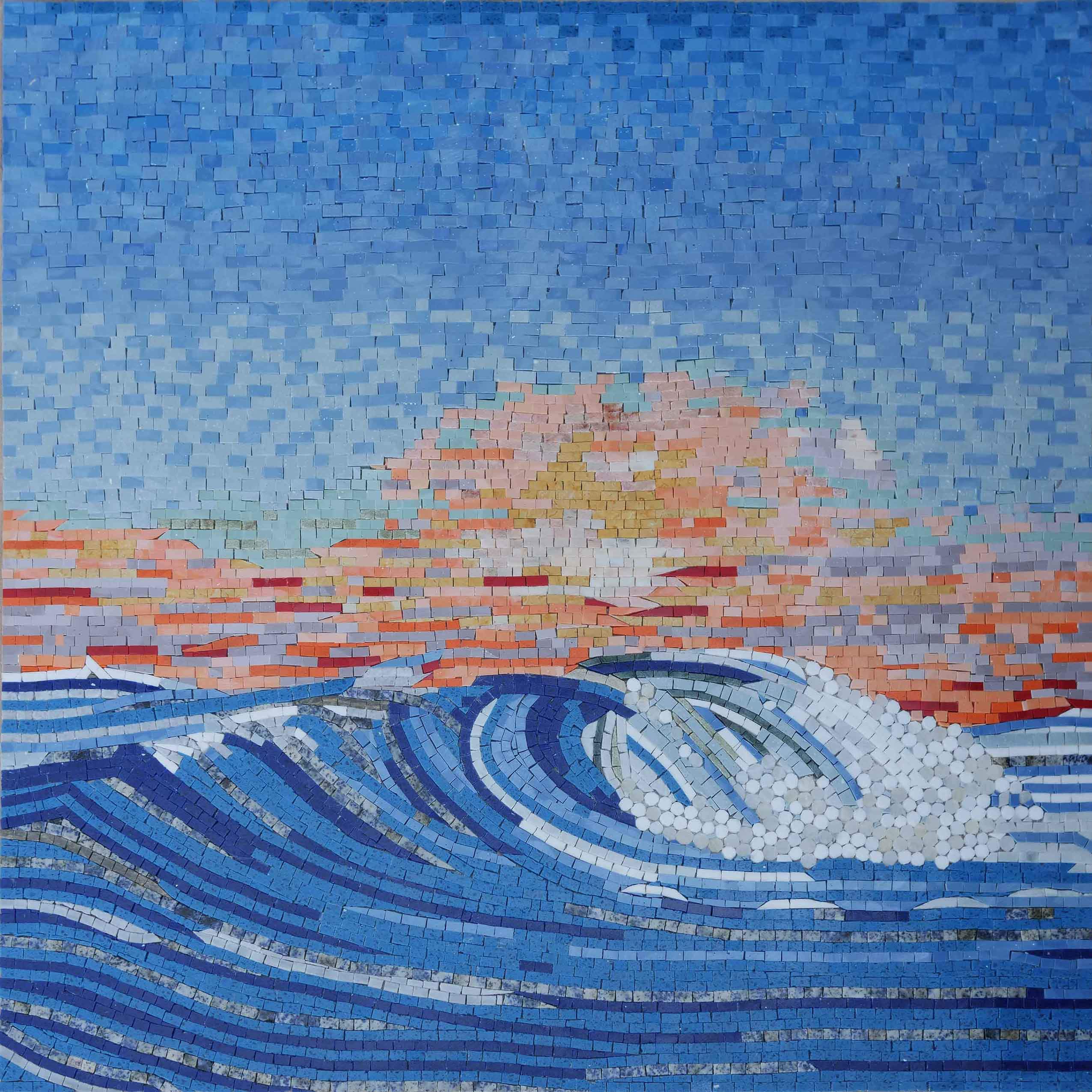 Geometric Wave With Sky - Contemporary Tile Murals Mosaic Sunset Hues - Mesh Backing