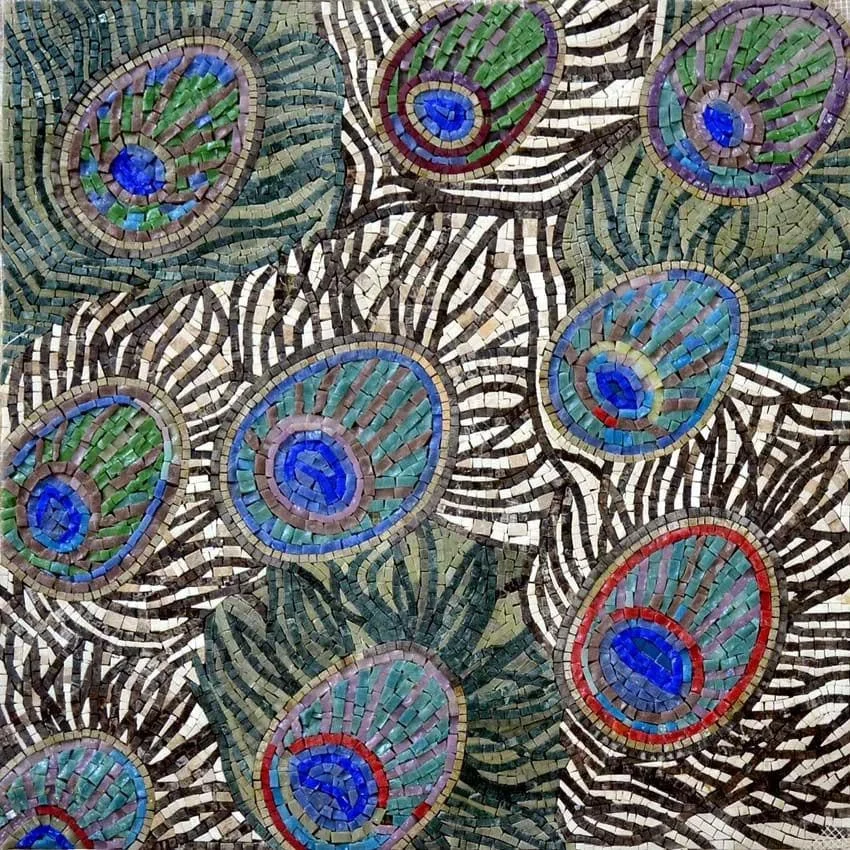 Exotic Peacock Feathers - Marble Mosaic Lovely Colored - Mesh Backing