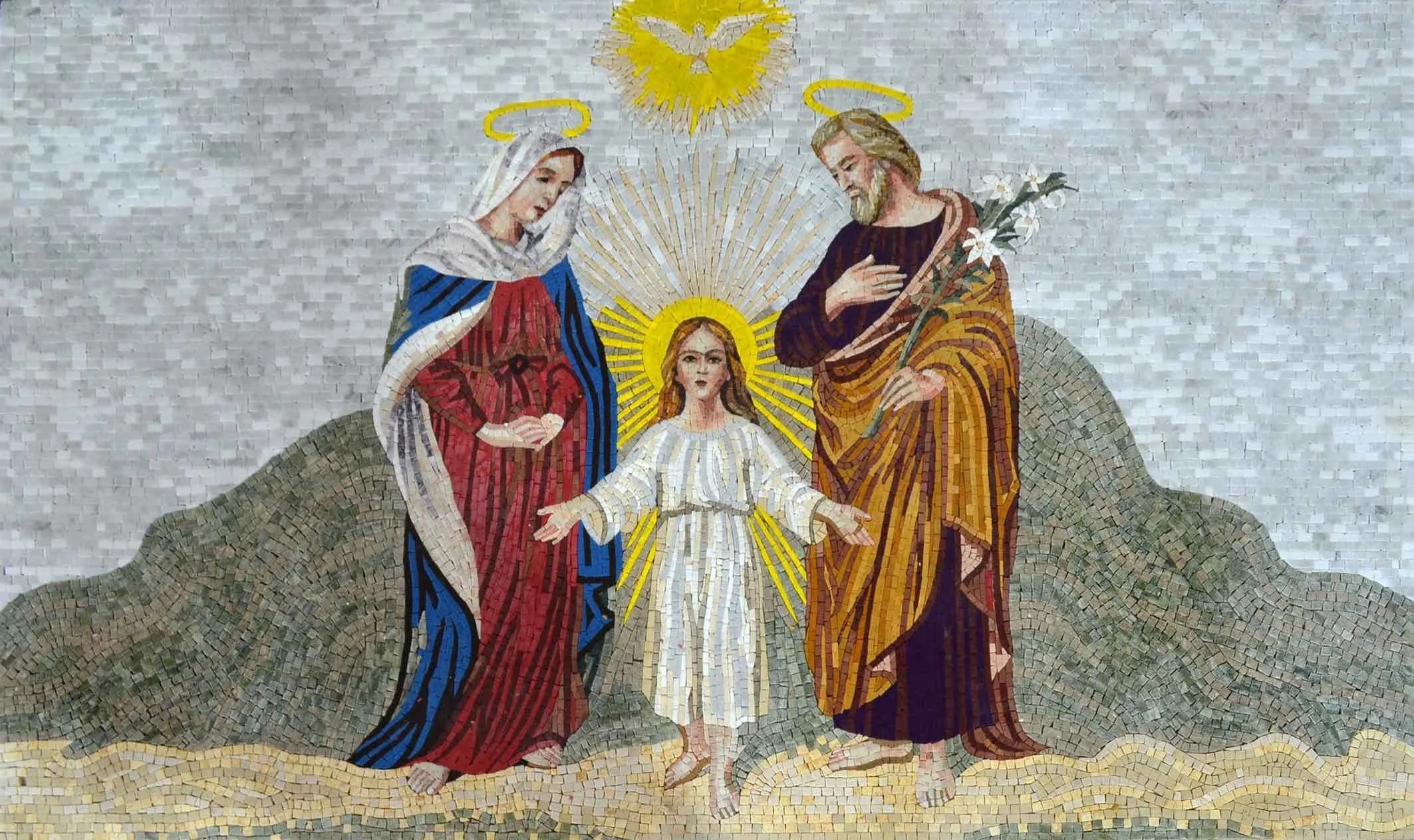 Jesus With Mary And Joseph - Marble Mosaic Art - Mesh Backing