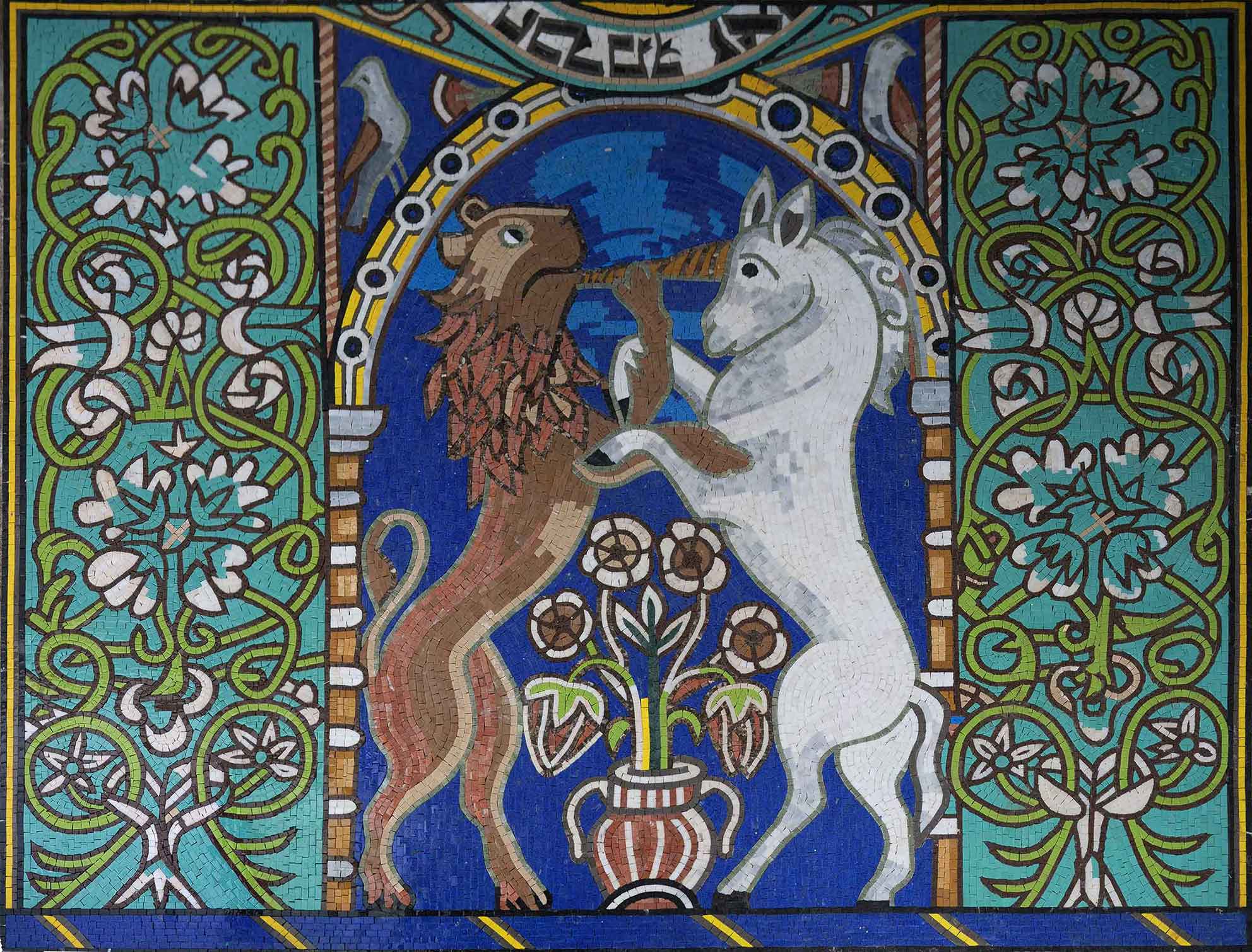 Lion And Unicorn - Marble Contemporary Tile Murals Mosaic Artwork - Mesh Backing