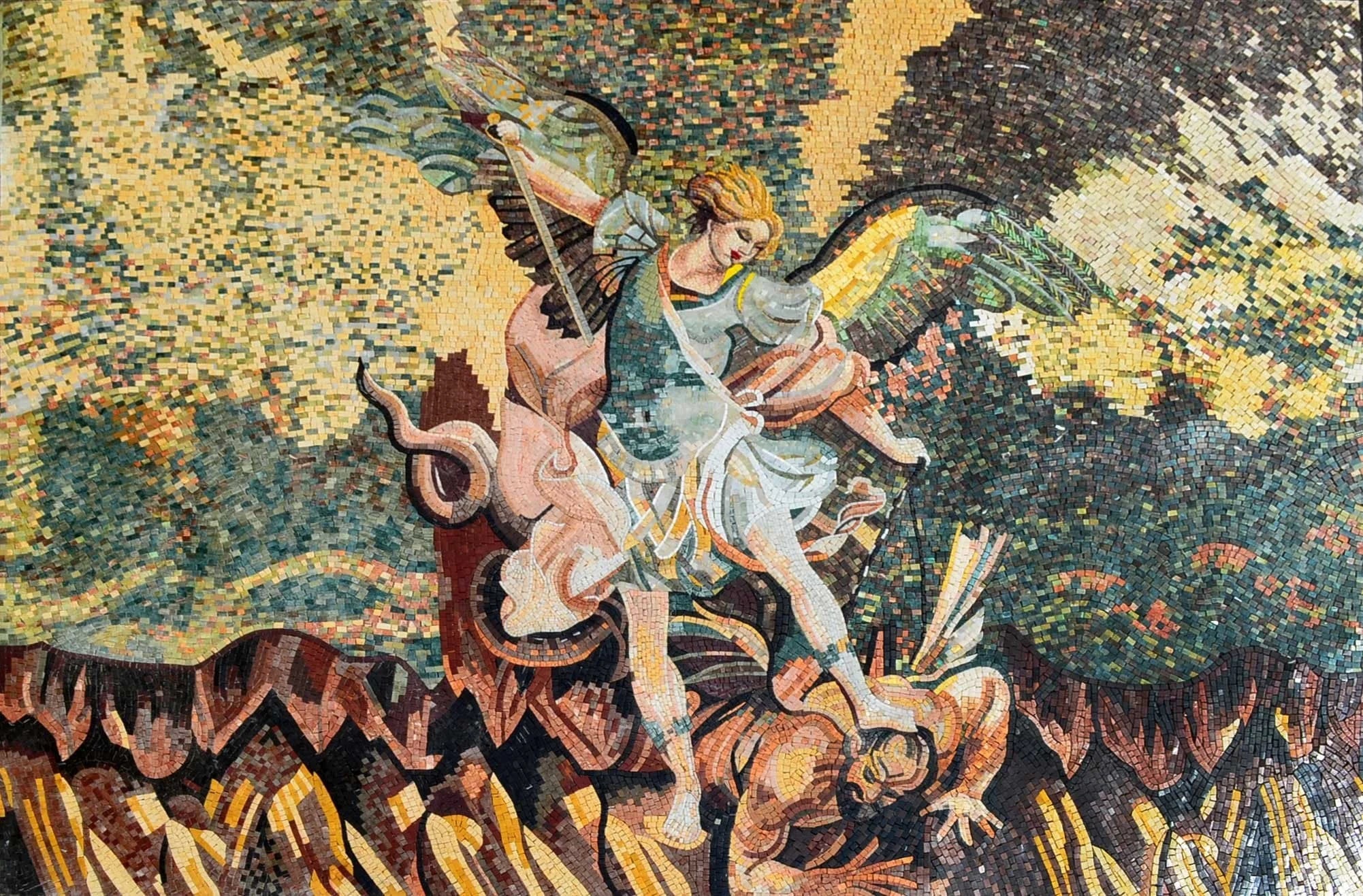 Saint Michael Figure - Marble Mosaic Micheal - Mesh Backing