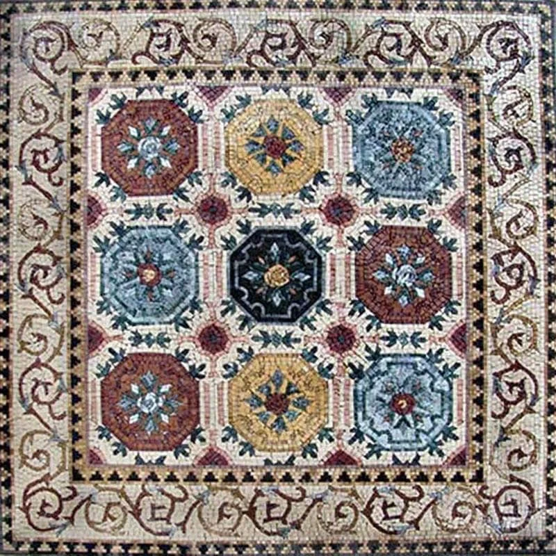 Enchanting Floral Medallion - Marble Mosaic Blossoms Panel - Mesh Backing