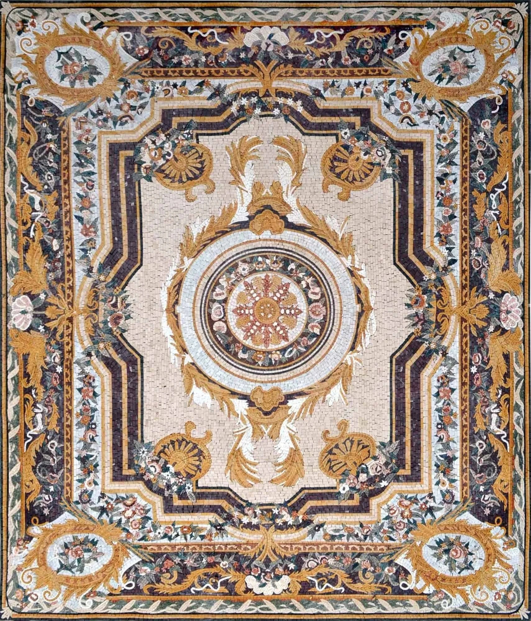 Elegant Floral Medallion - Marble Mosaic Rugs - Mesh Backing