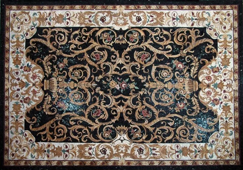 Floral Swirls And Roses - Marble Mosaic Tile Rug - Mesh Backing