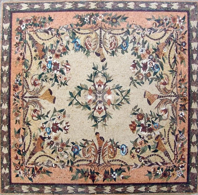 Floral Symphony - Marble Mosaic Rugs Luxury Handcrafted - Mesh Backing