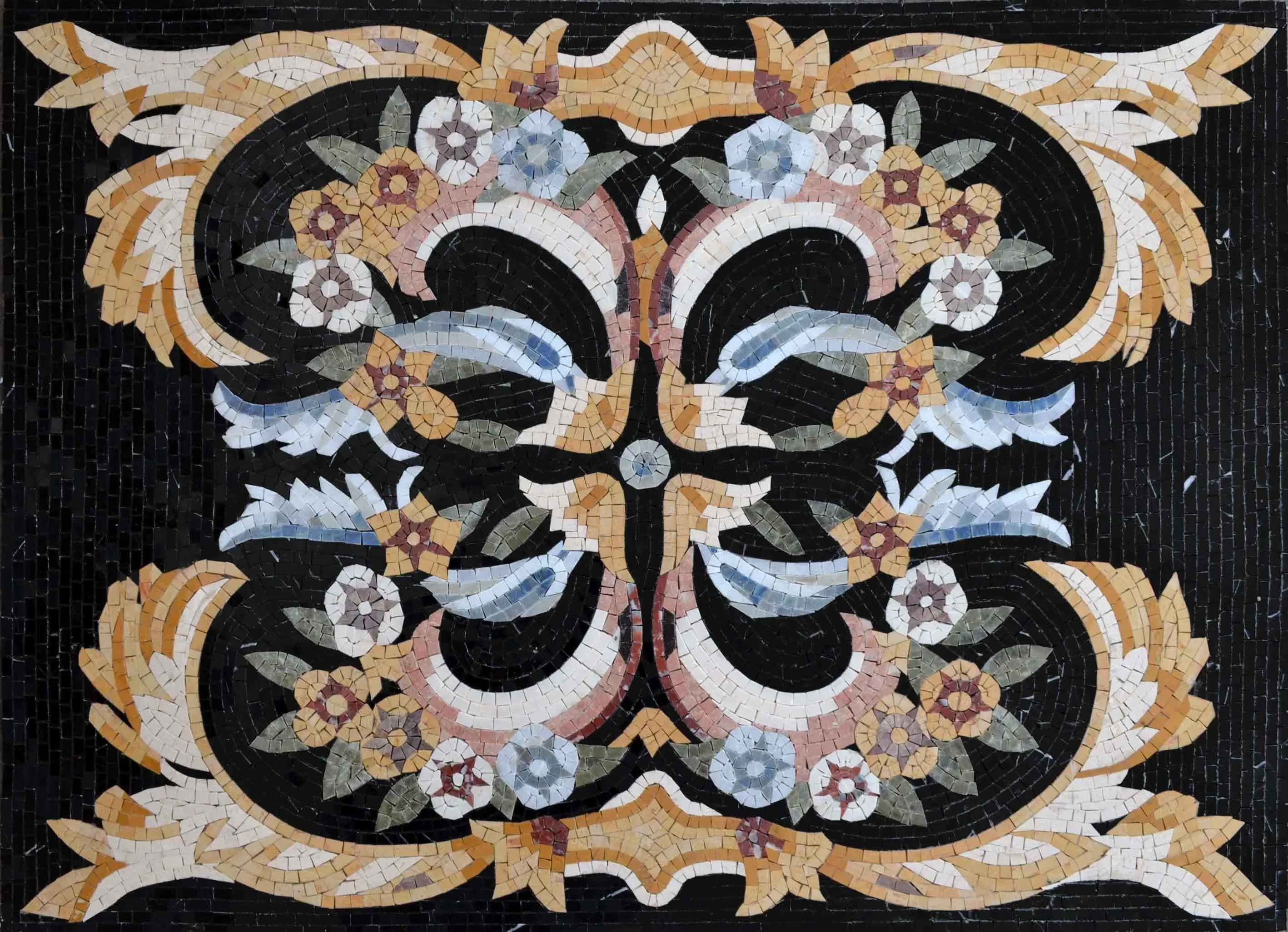 Floral Ornament - Marble Mosaic Rug Florelia Negro - Mesh Backing
