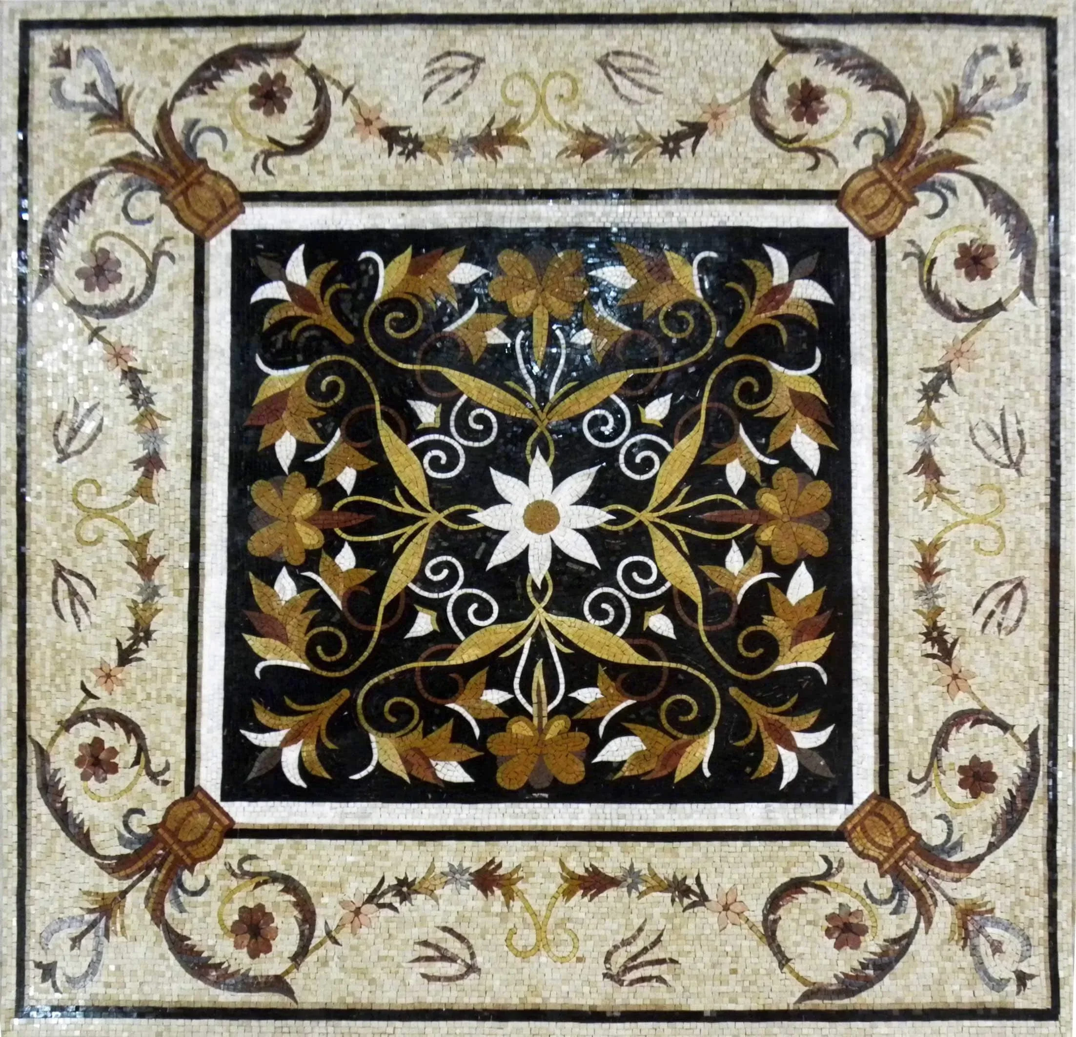 Floral Medallion - Marble Mosaic Square Floor - Mesh Backing