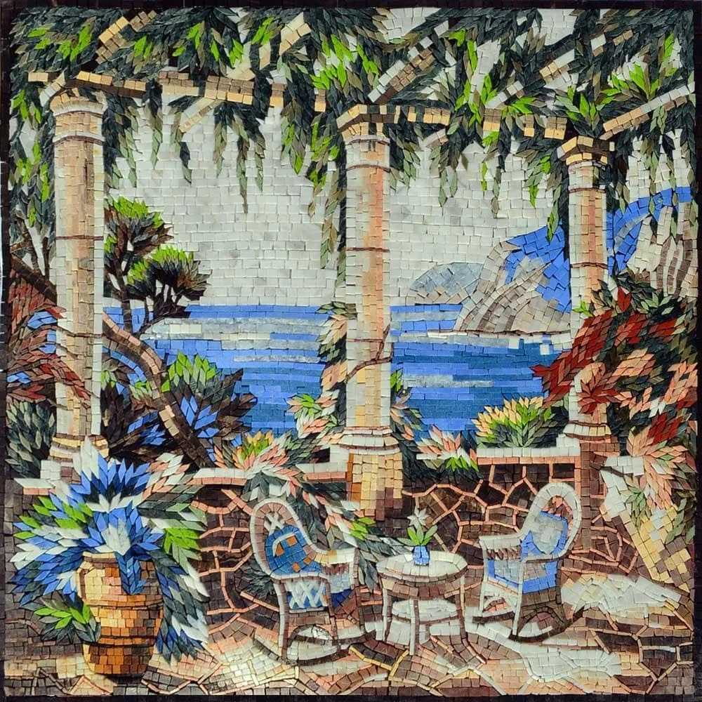 Columns Balcony Scene - Marble Mosaic Geometric And Outdoor - Mesh Backing