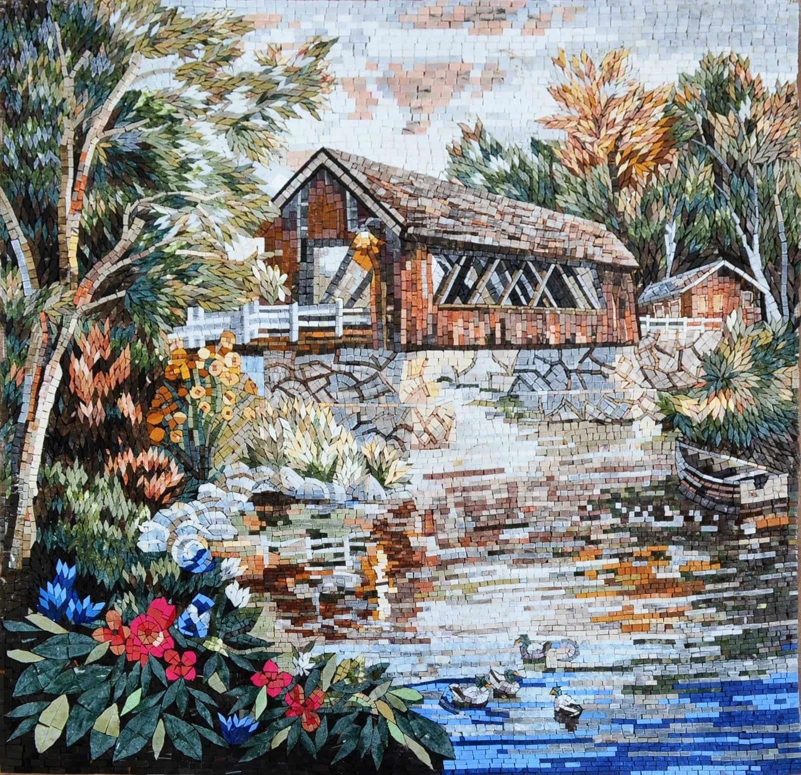 Geometric House The Lake - Marble Buy Handmade Mosaic Art With Colorful Plants Mural Tiles - Mesh Backing