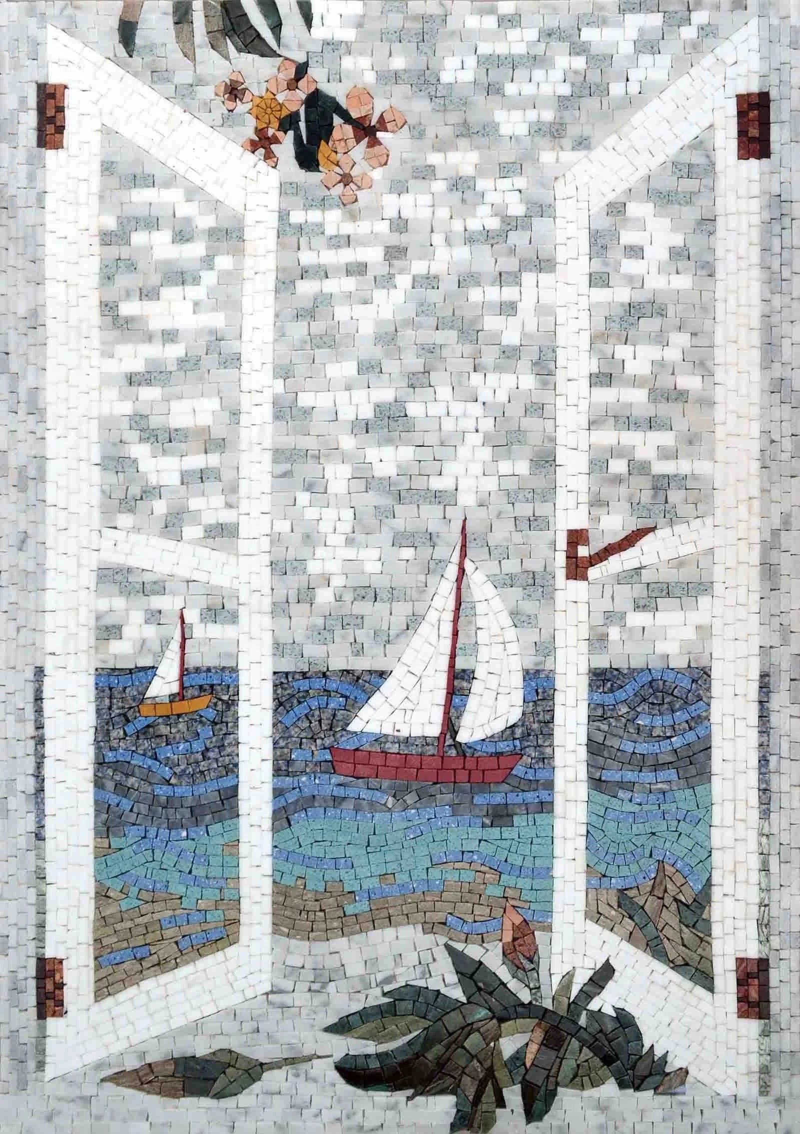 Sailing Window View - Marble Wall Decor Mosaic Art - Mesh Backing