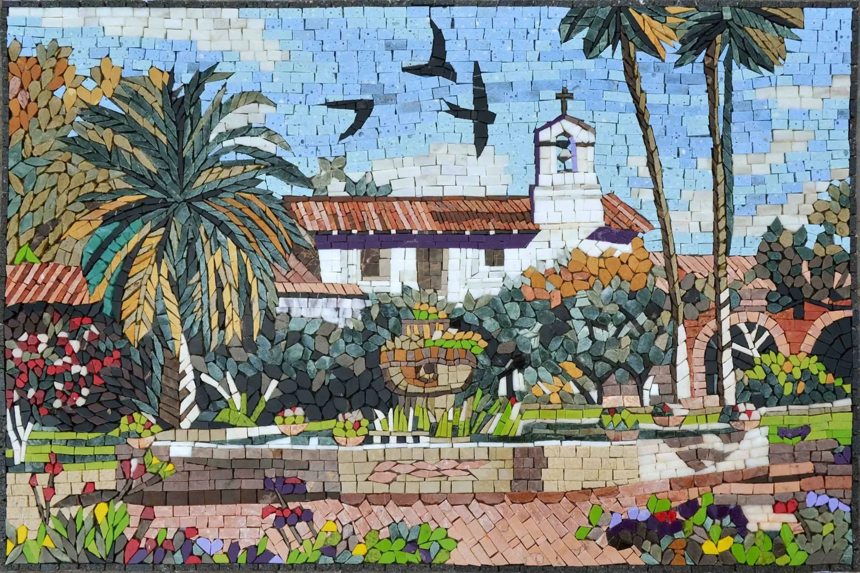 Palm Trees Church Scene - Floral Mosaic Tile Art The North - Mesh Backing
