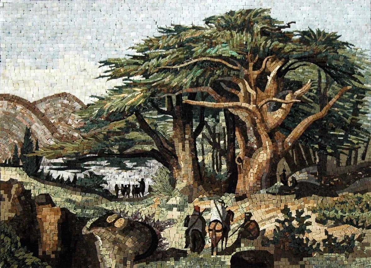 Geometric Trees Landscape - Interior Design Mosaic Cedar Natural Scene - Mesh Backing