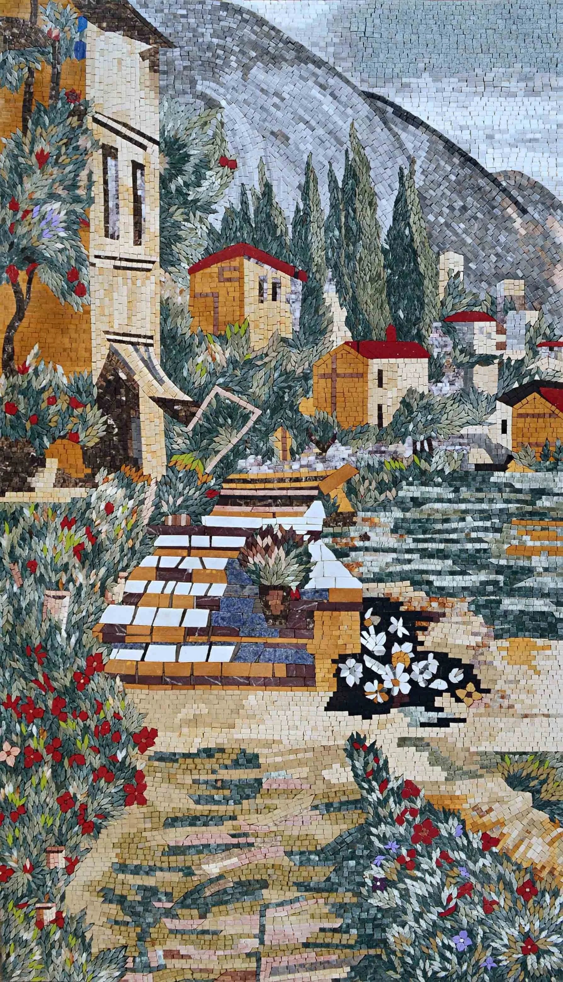 Village Houses Scene - Custom Mosaic Art Landscapes - Mesh Backing