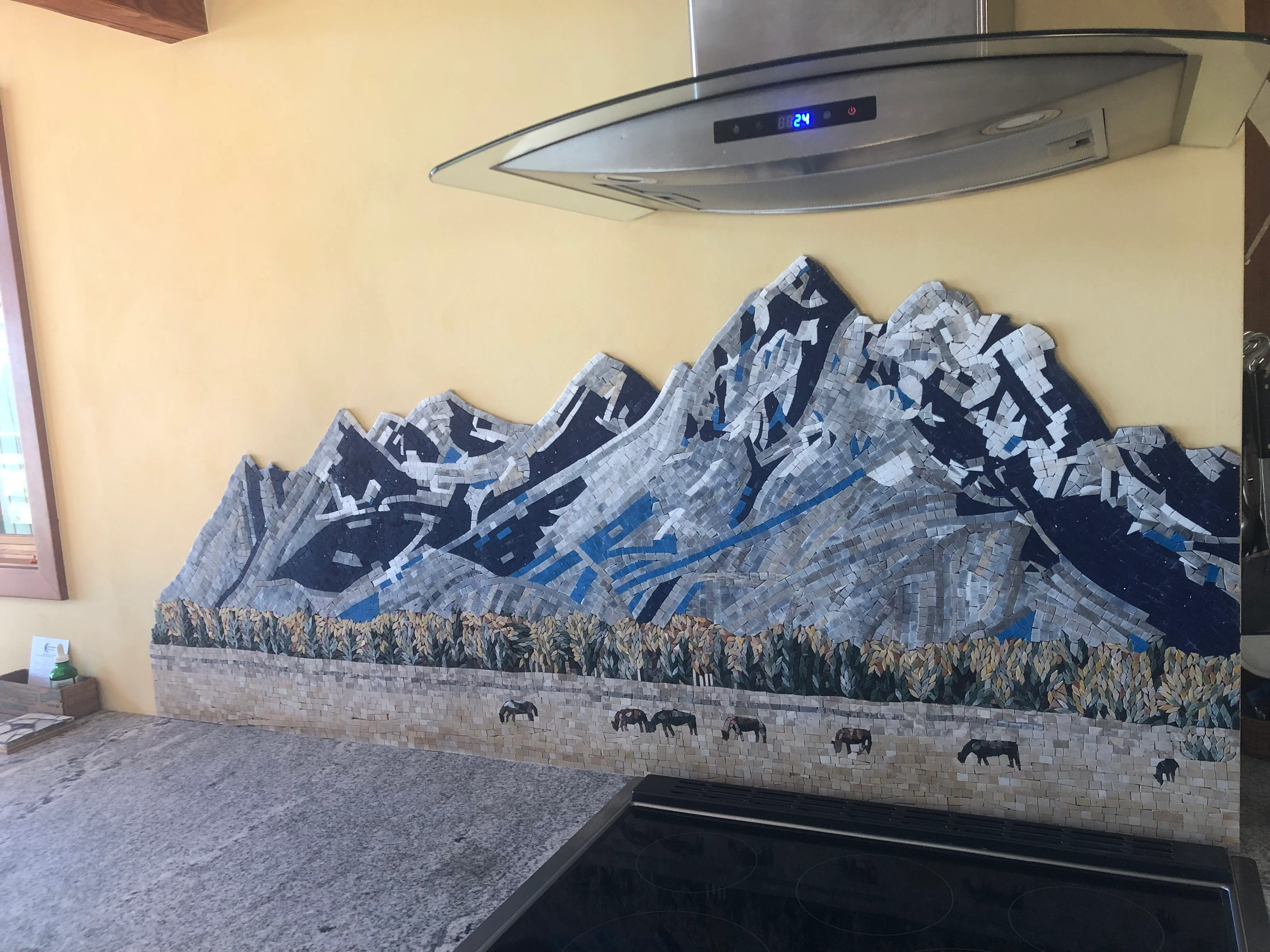 Mountain Peaks Grazing Herd - Mosaic Scenery Luxury Handcrafted Natural Stone Art - Mesh Backing - Image 4