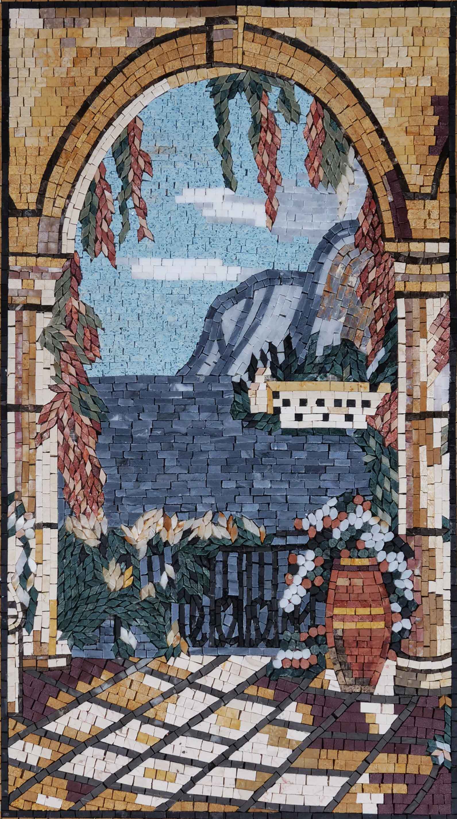 Arched Seascape View - Mosaic Backsplash Luxury Handcrafted Stone Art - Mesh Backing