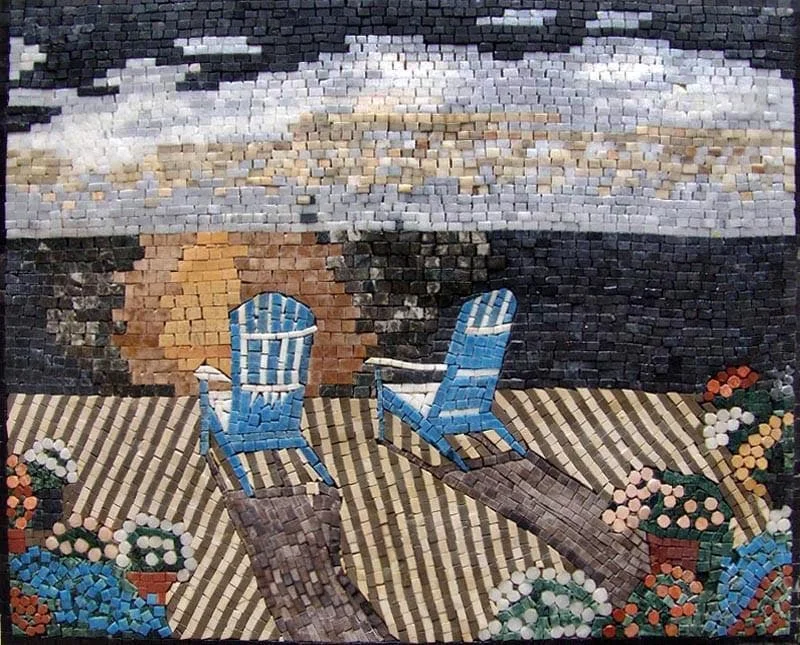 Adirondack Chairs Seascape - Marble Mosaico Mosaic Natural Sea View - Mesh Backing