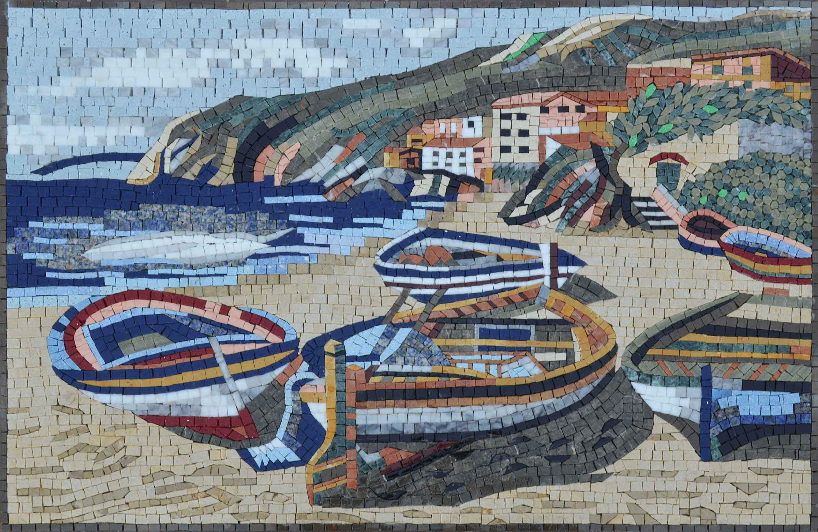 Msb Coastal Village Scene - Marble Mosaic Tile Designs Seascape - Mesh Backing